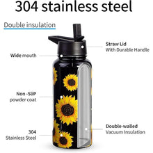 Load image into Gallery viewer, 32oz Sunflower Vacuum Insulated Stainless Steel Water Bottles with Straw &amp; Spout Lids, Double Wall Sport Bottle, Sweat-Proof BPA Free, Canteen Metal Thermo Mug Hydro Cup Jug, Sunlfower Gift
