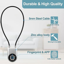 Load image into Gallery viewer, Fingerprint Cable Lock, 6" Long Cable Smart Padlock with Fingerprint Bluetooth APP, Keyless Biometric Waterproof Outdoor Gate Lock for Refrigerator French Door Fence Backyard Pantry
