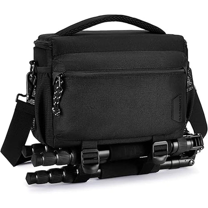 BAGSMART Small Camera Bag for Photographers, Compact Camera Shoulder Bags for DSLR/SLR/Mirrorless Cameras, Waterproof Crossbody Camera Case with Tripod Holder, Black
