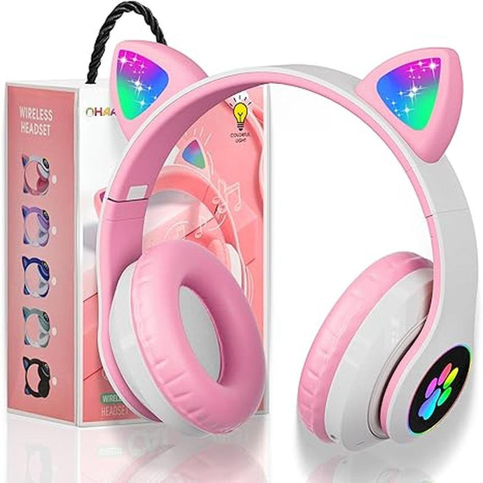 Bluetooth Headphones for Kids, Cute Ear Cat Ear LED Light Up Foldable Headphones Stereo Over Ear with Microphone/TF Card Wireless Headphone for iPhone/iPad/Smartphone/Laptop/PC/TV (Pink)