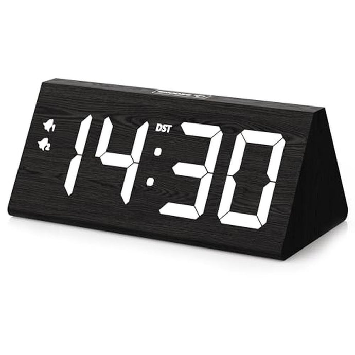 fomobest Wooden Digital Alarm Clock with Dual USB Charging Ports, DST, Dimmable, Snooze, Modern Large Time Display LED Clock for Kids Bedrooms, Living Room, Desk, Table, Bedside, Nightstand (Black)
