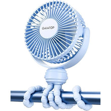 Load image into Gallery viewer, Gaiatop Mini Portable Stroller Fan, Battery Operated Small Clip on, Detachable 3 Speed Rechargeable, 360° Rotate Flexible Tripod Better Cooling for Car Seat Crib Treadmill Travel Blue

