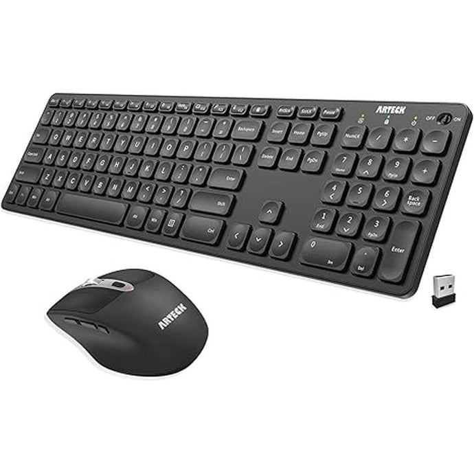 Arteck 2.4G Wireless Keyboard and Mouse Combo Ultra Slim Full Size Keyboard Keyboard and Ergonomic Mice for Computer Desktop PC Laptop and Windows 11/10/8/7 Build in USB-C Rechargeable Battery