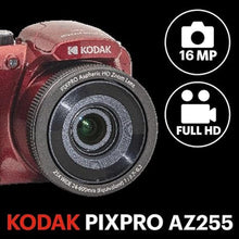 Load image into Gallery viewer, KODAK PIXPRO AZ255-RD 16MP Digital Camera 25X Optical Zoom 24mm Wide Angle Lens Optical Image Stabilization 1080P Full HD Video 3&quot; LCD Vlogging Camera (Red)
