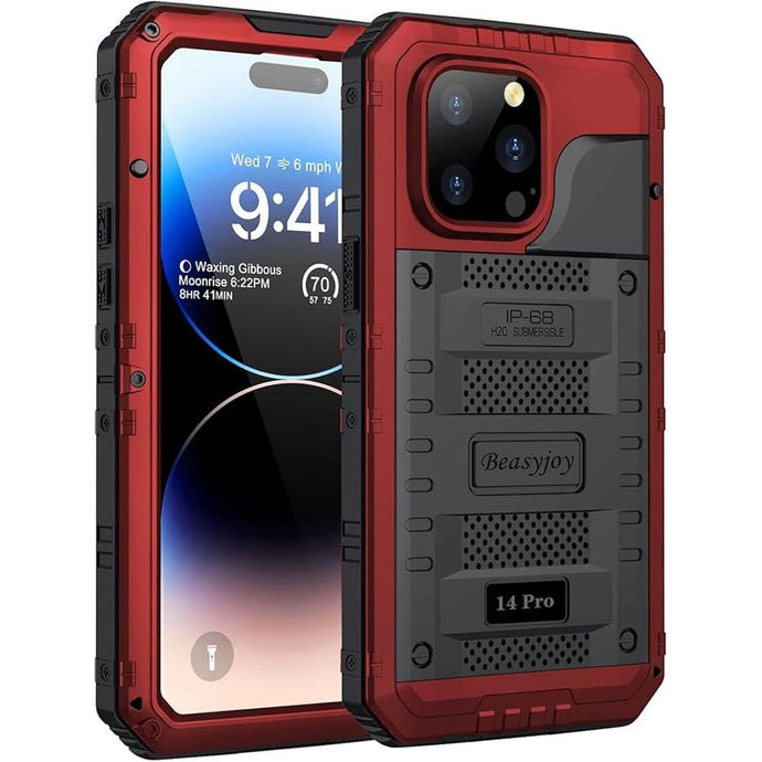 Beasyjoy Waterproof Case for iPhone 14 Pro, Metal Full Body Sealed Phone Case with Built-in Screen Protector, Military Grade Heavy Duty Defender Armor Shockproof Rugged Case 6.1 Inch, Red
