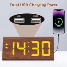 Load image into Gallery viewer, Wooden Digital Alarm Clock with Dual USB Charging Ports, DST, Dimmable, Snooze, Modern Large Time Display LED Clock for Kids Bedrooms, Living Room, Desk, Table, Bedside, Nightstand (Brown)
