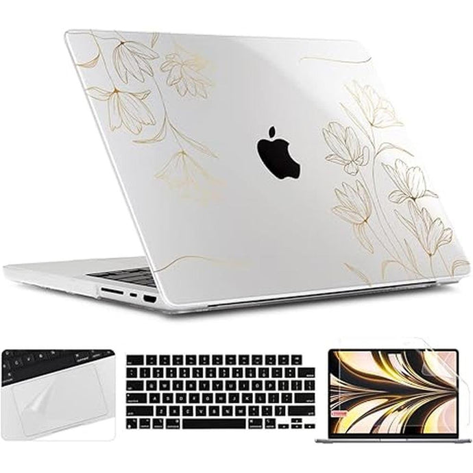 TWOLSKOO Compatible with M4 MacBook Pro 14 inch Case 2024-2021 Release Chip Models M4 M3 M2 M1 Pro Max, Plastic Hard Shell & Keyboard Cover & Trackpad Film & Screen Protector, Golden Floral