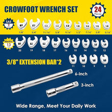 Load image into Gallery viewer, 3/8&quot; Drive Crows Foot Wrench Set, 24PCS Flare Nut Crowfoot Wrench Set, Metric &amp; SAE, 8-22mm &amp; 5/16&quot;-7/8&quot;, CR-V Steel, Crows Feet Wrench Set with 2 Extension Bars, Line Wrench Set with EVA Foam
