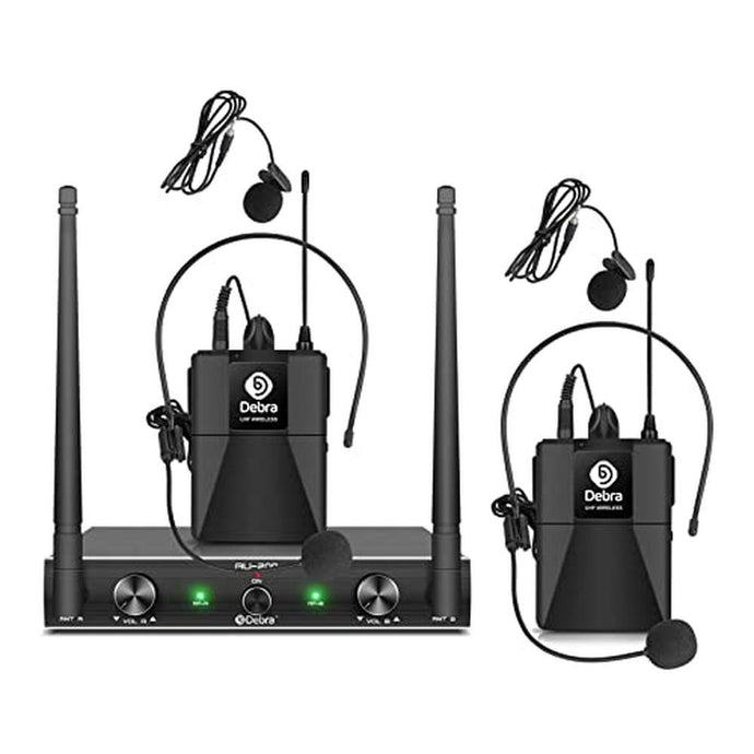 D Debra Audio AU200 Pro UHF 2 Channel Wireless Microphone System with Cordless Handheld Lavalier Headset Mics, Metal Receiver, for Karaoke Church Party (2 Bodypack)