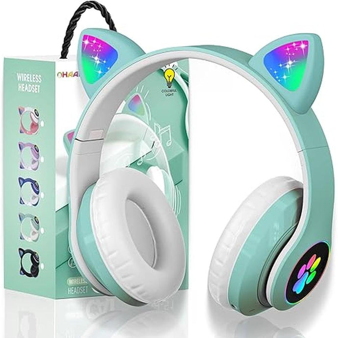 Bluetooth Headphones for Kids, Cute Ear Cat Ear LED Light Up Foldable Headphones Stereo Over Ear with Microphone/TF Card Wireless Headphone for iPhone/iPad/Smartphone/Laptop/PC/TV (Green)