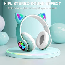 Load image into Gallery viewer, Bluetooth Headphones for Kids, Cute Ear Cat Ear LED Light Up Foldable Headphones Stereo Over Ear with Microphone/TF Card Wireless Headphone for iPhone/iPad/Smartphone/Laptop/PC/TV (Green)
