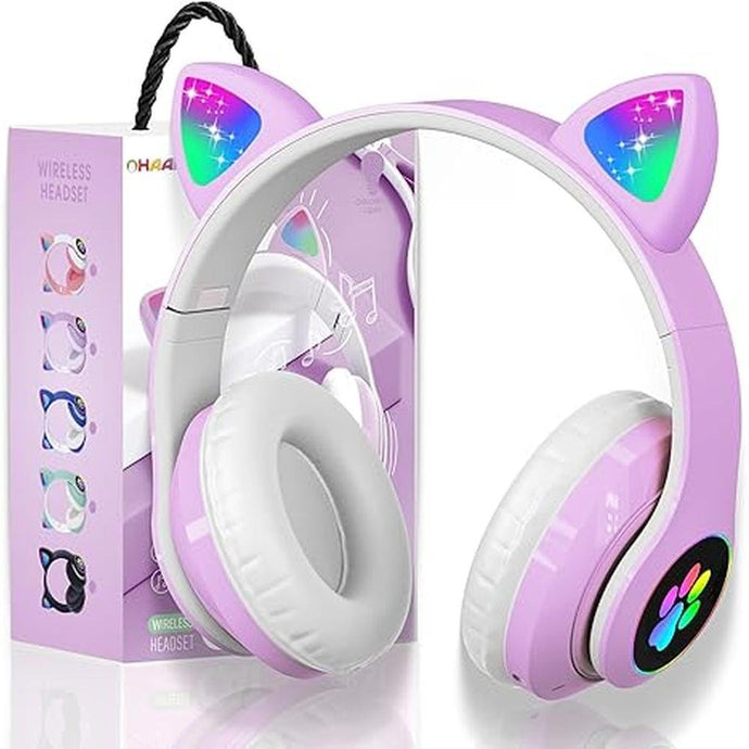 Bluetooth Noise Cancelling Headphones for Kids,Foldable Cat Headphone with LED Light Up Ear,Cat Ear Headphones for Toddler with Microphone/TF Card,Kids Bluetooth Headphones for ipad