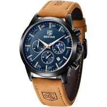 Load image into Gallery viewer, BENYAR Mens Watches Chronograph Analog Quartz Watch Silver Black Stainless Steel Watch for Men Stylish Business Sports Waterproof Wristwatch Elegant Gift Brown Leather Strap
