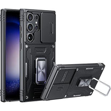 Load image into Gallery viewer, ANGELAS Shockproof Phone Case for Samsung Galaxy S23 Ultra - Silicone TPU Bumper With Anti-Fall Protection, Slide Camera Cover &amp; Rotating Ring Kickstand - Black
