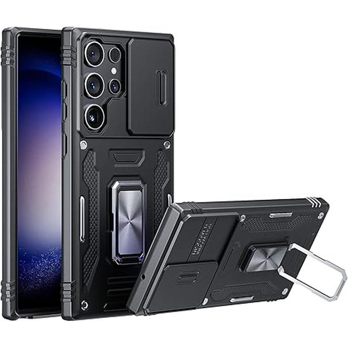 ANGELAS Shockproof Phone Case for Samsung Galaxy S23 Ultra - Silicone TPU Bumper With Anti-Fall Protection, Slide Camera Cover & Rotating Ring Kickstand - Black