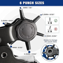 Load image into Gallery viewer, WORKPRO Desktop Leather Hole Punch Set, Rotary Belt Hole Puncher for Leather, 6 Punch Sizes, Heavy Duty Leather Hole Punch Tool for Leather Belts, Dog Collars, Watch Band, Saddles, Shoes, Home DIY

