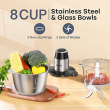 Load image into Gallery viewer, GANIZA Food Processors, Electric Food Chopper with Meat Grinder &amp; Vegetable Chopper - 2 Bowls (8 Cup+8 Cup) with Powerful 450W Copper Motor - Includes 2 Sets of Bi-Level Blades for Fruits/Meat/Nuts
