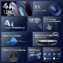Load image into Gallery viewer, TONGVEO 4K Conference Room Camera System, AI Auto-Tracking PTZ Camera 5X Digital Zoom with Speakerphone Set 120° Wide-Angle USB3.0 for Zoom YouTube Teams OBS and More
