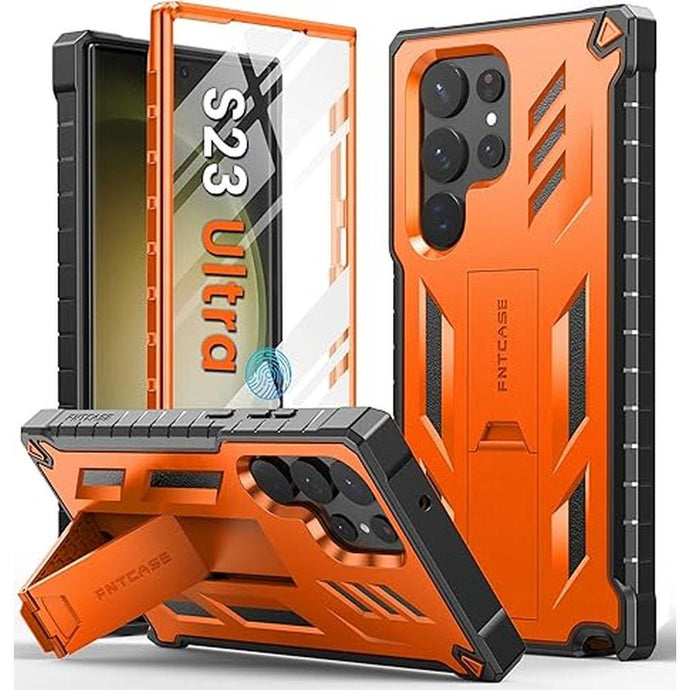 FNTCASE for Samsung Galaxy S23-Ultra Case: Military Grade Drop Proof Protection Mobile Cover with Kickstand | Matte Textured Rugged Shockproof TPU | Protective Sturdy Phone Case - Orange