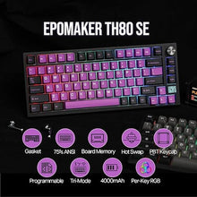 Load image into Gallery viewer, EPOMAKER TH80 SE Gasket 75% Mechanical Keyboard, NKRO Hot Swappable RGB 2.4Ghz/ Bluetooth 5.0/ Wired Gaming Keyboard with Poron/EVA Foam, 4000mah Battery (Black Purple, Flamingo Switch)

