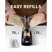 Load image into Gallery viewer, Sangcon 2 in 1 Electric Salt and Pepper Grinder Set Shaker - Automatic Salt and Pepper Grinder Mill Dual Combo, Battery Powered One-Handed Operation Refillable with Light Adjustable Ceramic Grinder

