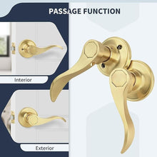 Load image into Gallery viewer, Wave Style Door Lever, Brushed Gold Passage Door Handle, Keyless Gold Interior Lever Reversible for Left/Right Handed for Hallway and Closet with Satin Brass Finish, 1 Pack
