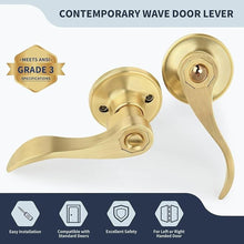 Load image into Gallery viewer, Wave Style Door Lever, Brushed Gold Keyed Entry Door Handle with Lock, Gold Entrance Lever Reversible for Left/Right Handed for Office or Front Door with Satin Brass Finish, 1 Pack
