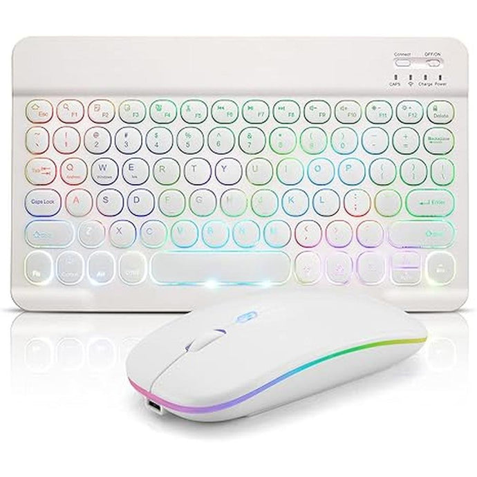 Bluetooth Keyboard and Mouse Combo for iPad - Rechargeable Wireless Keyboard & Mouse with 7-Color Backlit Compatible with iPad 9th/8th Gen, iPad Pro/Air/Mini, iPhone14/13/12 Pro, Round Keys White