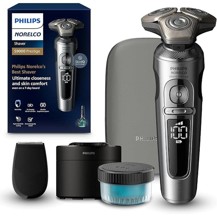 Philips Norelco Shaver Series 9000 Prestige, Wet and Dry Electric Shaver, Lift & Cut Shaving System, SenseIQ Technology, Precision Trimmer, Cleaning Pod and Premium Pouch, Bright Chrome, SP9841/84