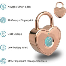 Load image into Gallery viewer, Heart Shaped Fingerprint Padlock, Small Smart Padlock for Gym Locker, Backpag, School, Mailbox, Travel Suitcase (Rose Gold)
