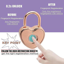 Load image into Gallery viewer, Heart Shaped Fingerprint Padlock, Small Smart Padlock for Gym Locker, Backpag, School, Mailbox, Travel Suitcase (Rose Gold)
