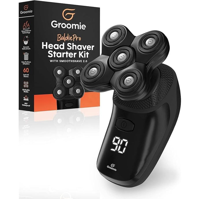 Groomie Cordless Bald Head Shavers for Men, BaldiePro Head Grooming Starter Kit - Includes Ergonomic BaldiePro Head Shaver, SmoothShave Blade 2.0, Cleaning Brush, Charging Cable & User Manual
