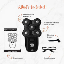 Load image into Gallery viewer, Groomie Cordless Bald Head Shavers for Men, BaldiePro Head Grooming Starter Kit - Includes Ergonomic BaldiePro Head Shaver, SmoothShave Blade 2.0, Cleaning Brush, Charging Cable &amp; User Manual
