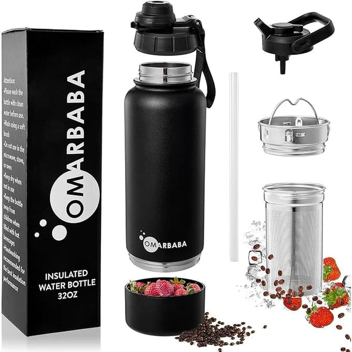32oz Vacuum Insulated Water Bottle With 8oz Hidden Compartment, Infuser, Dual Lids with Locker, Stainless Steel Infusion Water Bottle Keeps Drinks Cold For 24hrs & Hot For 12hrs