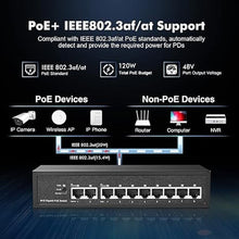 Load image into Gallery viewer, Binardat 10 Port Gigabit POE Switch, 8 POE+ Ports 1000Mbps, 2 Gigabit Uplink, IEEE802.3af/at, 120W Internal Power Supply, Metal Case Unmanaged Plug and Play

