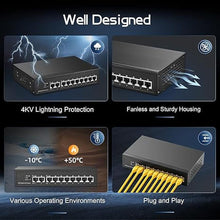 Load image into Gallery viewer, Binardat 10 Port Gigabit POE Switch, 8 POE+ Ports 1000Mbps, 2 Gigabit Uplink, IEEE802.3af/at, 120W Internal Power Supply, Metal Case Unmanaged Plug and Play
