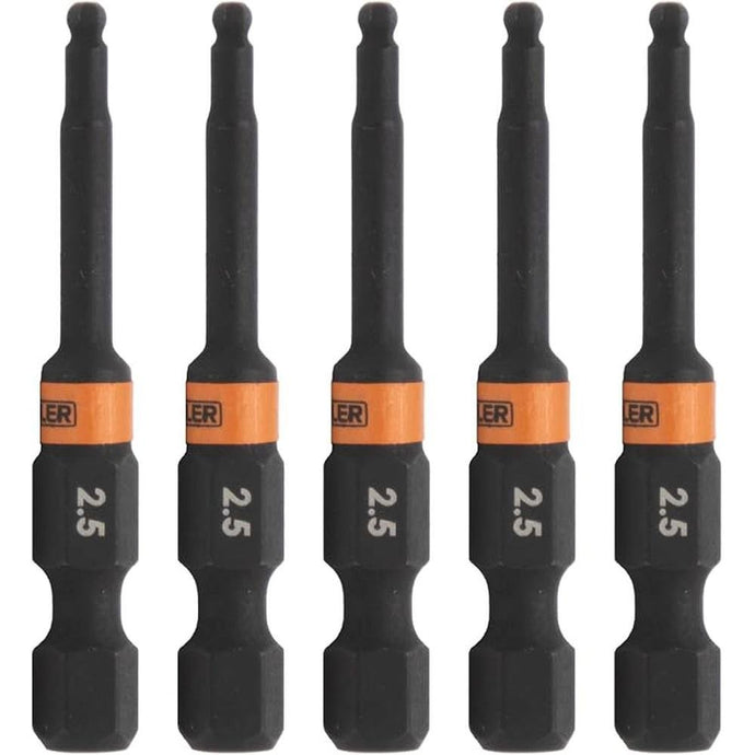 Ball-End Hex 2.5mm Impact Driver Bit - Railer Allen Wrench Drill Hex Bits. 1/4 Quick Release S2 Steel 2 inch 2.5mm Ball-End Hex Bits. (5 Pack)