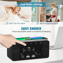 Load image into Gallery viewer, Wood Digital Alarm Clock with 10W Fast Wireless Charger, USB Charging Ports, DST, Dimmable, Snooze, Large Number LED Display for Bedrooms, Desk, Living Room Table, Bedside, Nightstand (Black)
