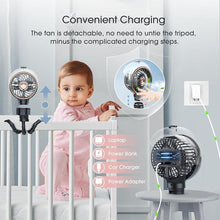 Load image into Gallery viewer, Ausic Stroller Fan with Mist, 100ml Misting Portable Fan for Stroller, Baby Fans with Detachable Tripod, Baby Essentials, Clip on Fans for Crib, Treadmill, Car Seat, Outdoor, Beach
