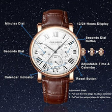 Load image into Gallery viewer, eYotto Men's Stainless Steel Business Watch, Multifunction Quartz Movement Chronograph Roman Numerals Analog Calendar Date Waterproof Leather Band Wristwatch, Formal Dress Gift Watch for Men Rose Gold

