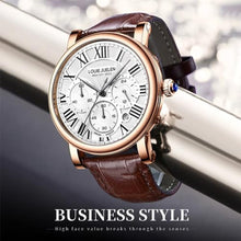 Load image into Gallery viewer, eYotto Men's Stainless Steel Business Watch, Multifunction Quartz Movement Chronograph Roman Numerals Analog Calendar Date Waterproof Leather Band Wristwatch, Formal Dress Gift Watch for Men Rose Gold
