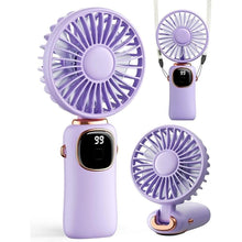 Load image into Gallery viewer, Portable Handheld Fan, 4000mAh Battery Operated 3 in 1 Multifunction Personal Travel Fan with Digital Display, 90° Foldable Desk Fan with Base, 5 Speed Lash Fan for Makeup/Commute/Office
