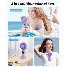 Load image into Gallery viewer, Portable Handheld Fan, 4000mAh Battery Operated 3 in 1 Multifunction Personal Travel Fan with Digital Display, 90° Foldable Desk Fan with Base, 5 Speed Lash Fan for Makeup/Commute/Office
