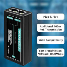 Load image into Gallery viewer, 2-Port Gigabit PoE Extender, 1 in 2 Out Indoor PoE Repeater Support IEEE802.3af/at with 1000Mbps, Extend Additional 100m(328ft) of Power and Data Transmission, Plug &amp; Play, Mini Size
