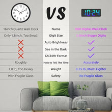 Load image into Gallery viewer, LED Digital Wall Clock with Dynamic RGB Display, Big Digits, Auto-Brightness, 12/24Hr Format, Modern Electric Small Silent Wall Clock for Living Room, Bedroom, Classroom, Farmhouse, Kitchen, Office
