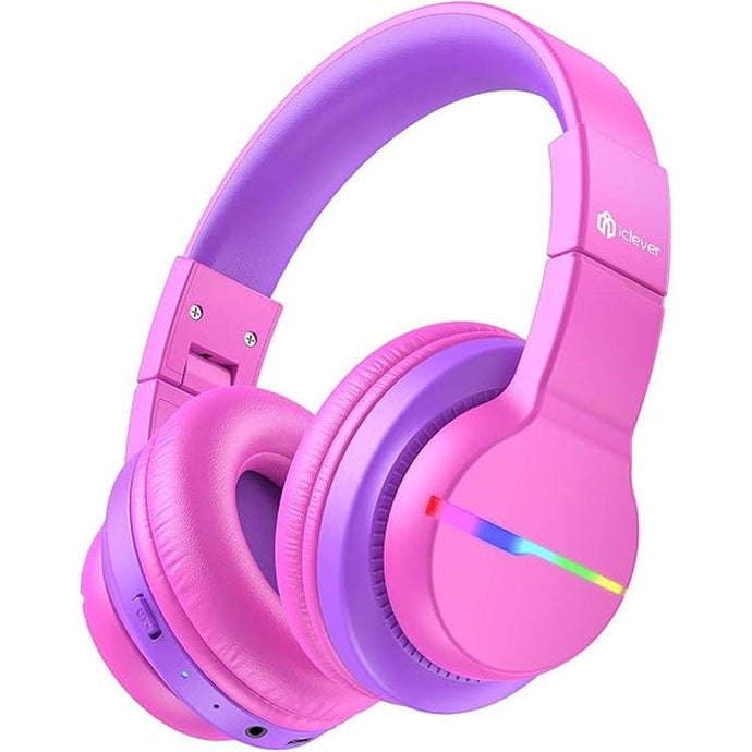 iClever BTH12 Kids Bluetooth Headphones,Colorful LED Lights Wireless Kids Headphones,74/85dBA Safe Volume,85H Playtime,Bluetooth 5.2,Over Ear Headphones Built-in Mic for iPad/Tablet/Airplane,Hot Pink