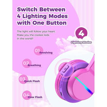 Load image into Gallery viewer, iClever BTH12 Kids Bluetooth Headphones,Colorful LED Lights Wireless Kids Headphones,74/85dBA Safe Volume,85H Playtime,Bluetooth 5.2,Over Ear Headphones Built-in Mic for iPad/Tablet/Airplane,Hot Pink
