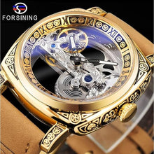 Load image into Gallery viewer, FORSINING Men's Luxury Square Carving Mechanical Watch, Retro Totem Double Sided Hollow Skeleton Self-Wind Automatic Watches, Vintage Leather Strap Wristwatch
