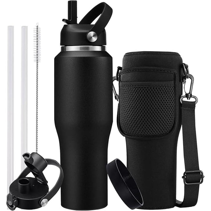 32oz Stainless Steel Water Bottle, Cold-48H & Hot-24H, Water Flask Thermal with Straw & Spout Lids, Pouch, Vacuum Insulated Bottle for Father's Day Gift Black