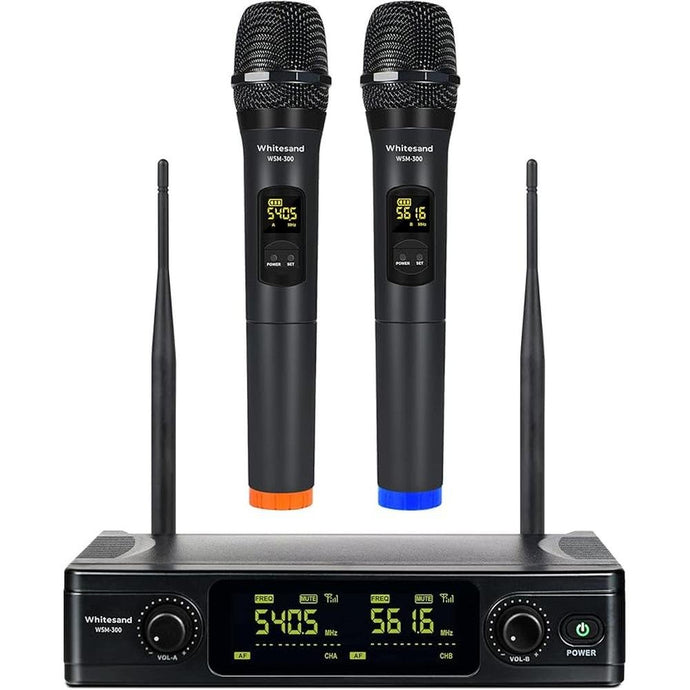 whitesand UHF Wireless Microphone System, Dual Wireless Mic Set w/ 2 Handhelds, 2x30 Frequencies, Dynamic Microphones for Singing, Home Karaoke, DJ, Church, Wedding (WSM-300)